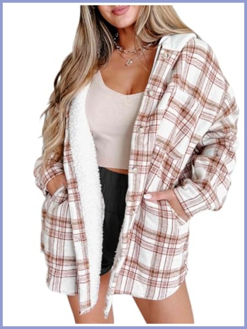 Sherpa Fleece-Lined Hooded Plaid Shacket Button Front
